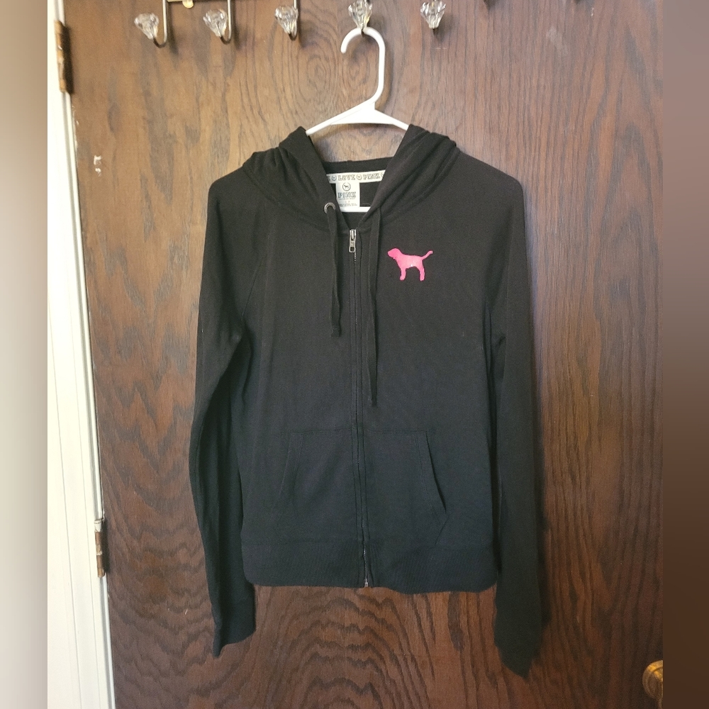 VS PINK BLACK FULL ZIP SWEATER WITH HOOD & BRIGHT PINK SEQUINS